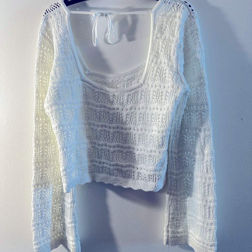 Long-Sleeve Square-Neck Crochet-Style Sweater